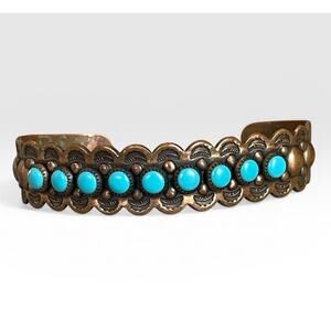 Vintage Copper Turquoise Cuff Bracelet Southwestern Zuni Petit Point Fred Harvey